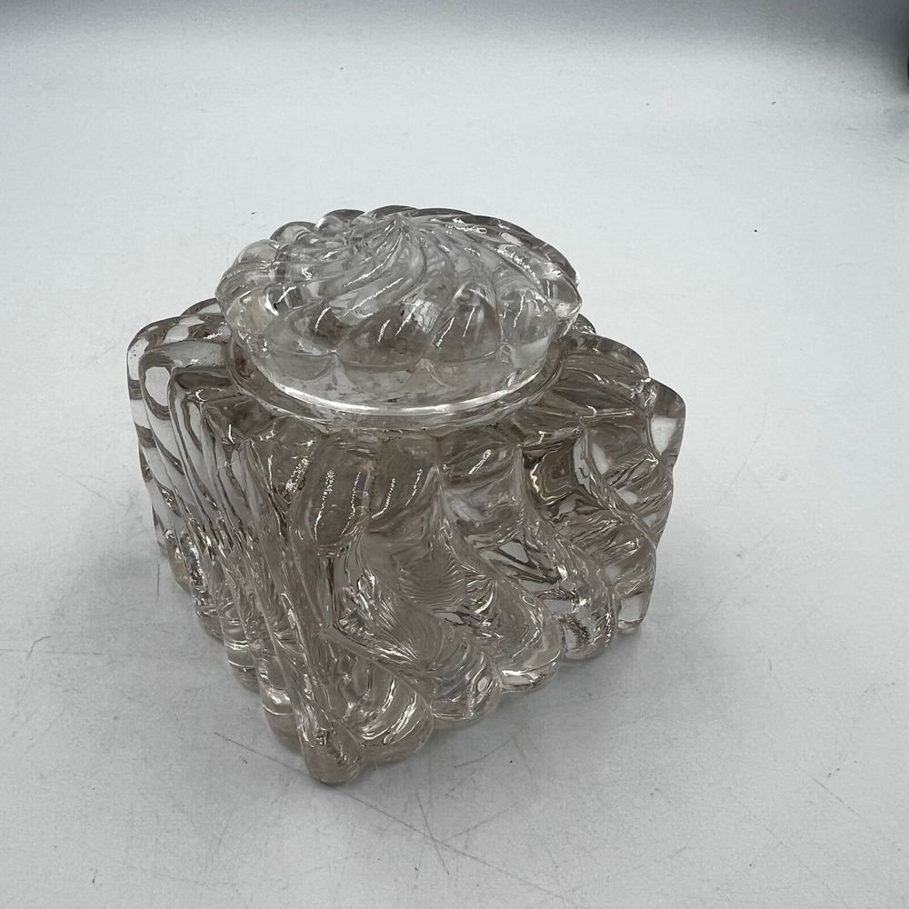 Antique Victorian Pressed Glass Inkwell w Lid Ornate Desk Ink Bottle 3" *Read*